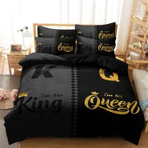 3pcs Queen & King Slogan Crown Design Printed Duvet Cover Set - Crown Design Print, Soft & Breathable Polyester, Machine Washable - Includes 1*Duvet Cover & 2*Pillowcases (Insert Not Included), Printed Bedding Set