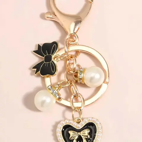 Mother's Day Gift Fashion Heart & Bow & Faux Pearl Decor Keychain, Fashionable Alloy Keychain, Cute Keychain for Women & Girls, Keychain for Car, Trendy Cute Keychain