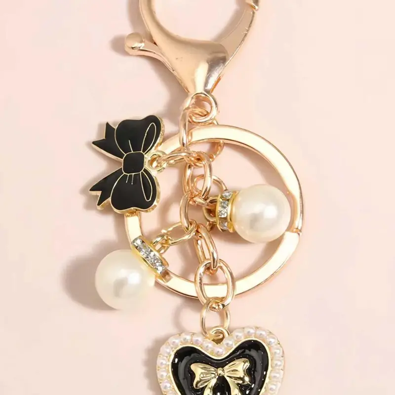 Mother's Day Gift Fashion Heart & Bow & Faux Pearl Decor Keychain, Fashionable Alloy Keychain, Cute Keychain for Women & Girls, Keychain for Car, Trendy Cute Keychain
