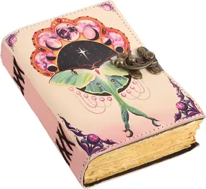 Book of Spells Leather Bound Journal Deckle Edge Paper Grimoire Printed Diary Third Eye   and  Spell Notebook Antique  Book for Men and Women ( Luna Moth)