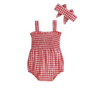 Baby Girls Summer 2Pcs Outfit Sleeveless Frill Smocked Strap Romper With Headband