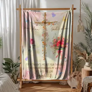 Christian Floral Cross "God’s Plan" Blanket, USA Stock (3-7 Days Delivery), 280GSM Flannel Plush Fleece, Ultra-Soft, Machine Washable, Lightweight Home Decor Gift for Home Supplies