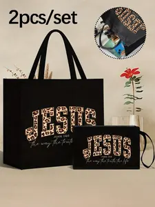 Linen Tote Bag Set, Leopard Jesus Print, Cross Pattern Shoulder Bag and Wallet, Boho Style, Christian Gift, Travel Bag, Holiday Accessory, Stylish Tote Bag