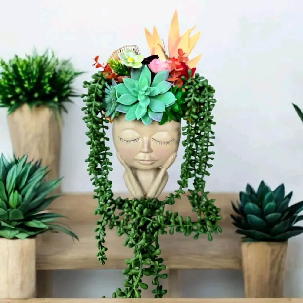 Lady Head Planter Indoor Outdoor Succulent Arrangements Artificial Flower Centerpiece for Housewarming Gifts Special Occasions