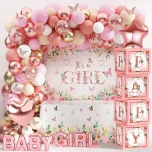 Baby shower decoration for girl baby girl pink rose gold baby shower decoration floral gender reveal party supplies with its a girl backdrop balloon arch baby box with letter butterfly sticker