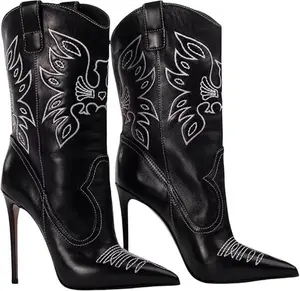 LUNETTA Women's Embroidered Western Cowboy Stiletto Heel Boots Pointed Toe Pull-Up Tabs Classic Cowgirl Dress Boot