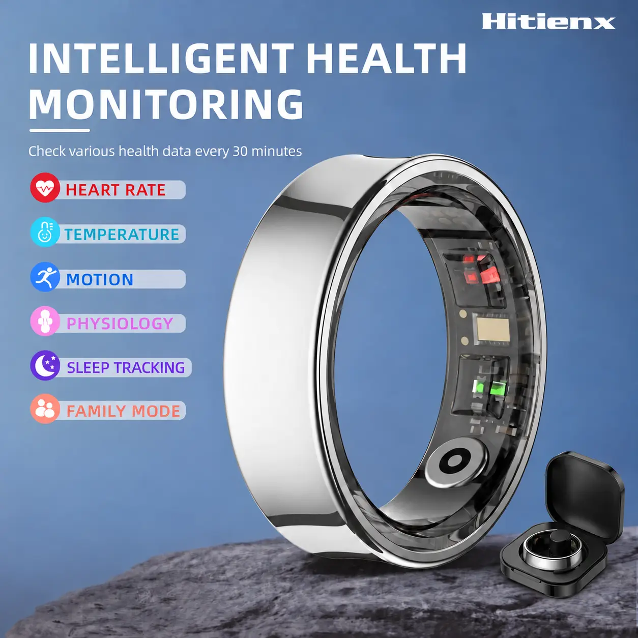 Hitienx Smart Ring 3 - 24/7 Heart Rate, Sleep Tracking, Temperature Monitoring, Stress & Cycle Insights, Family Care Mode, No Subscription, Waterproof Fitness Activity Tracker, Android/iOS Compatible, Gift For Women