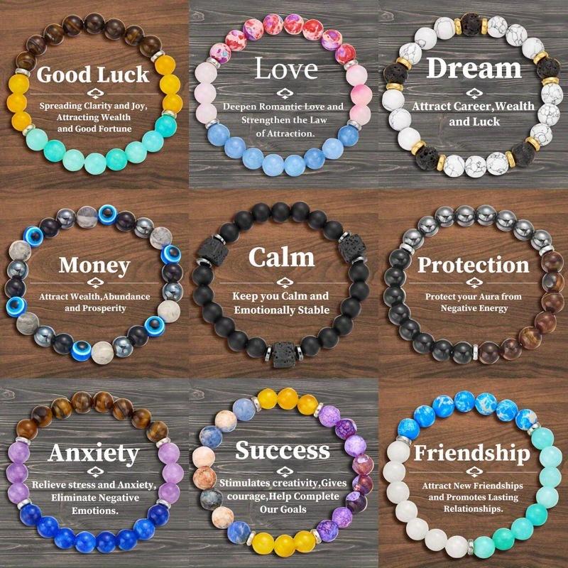 Boho Vacation Style Beaded Bracelets Set of 9, Stretchable Handmade Beaded Bracelets with Good Luck, Love, Dream, Money, Calm, Protection, Anxiety, Success, Friendship - Elasticity for Comfort, No Plating, All-Season Wear for Daily Occasion