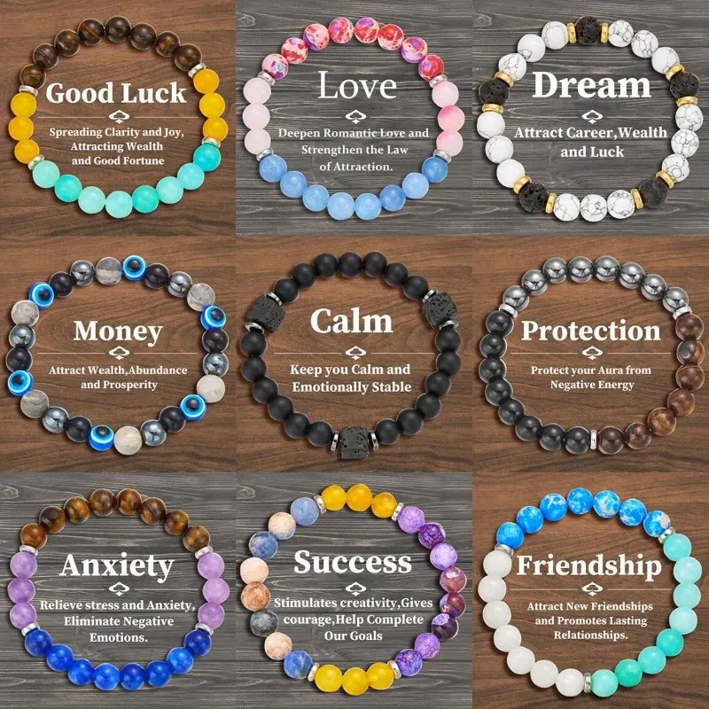 Boho Vacation Style Beaded Bracelets Set of 9, Stretchable Handmade Beaded Bracelets with Good Luck, Love, Dream, Money, Calm, Protection, Anxiety, Success, Friendship - Elasticity for Comfort, No Plating, All-Season Wear for Daily Occasion