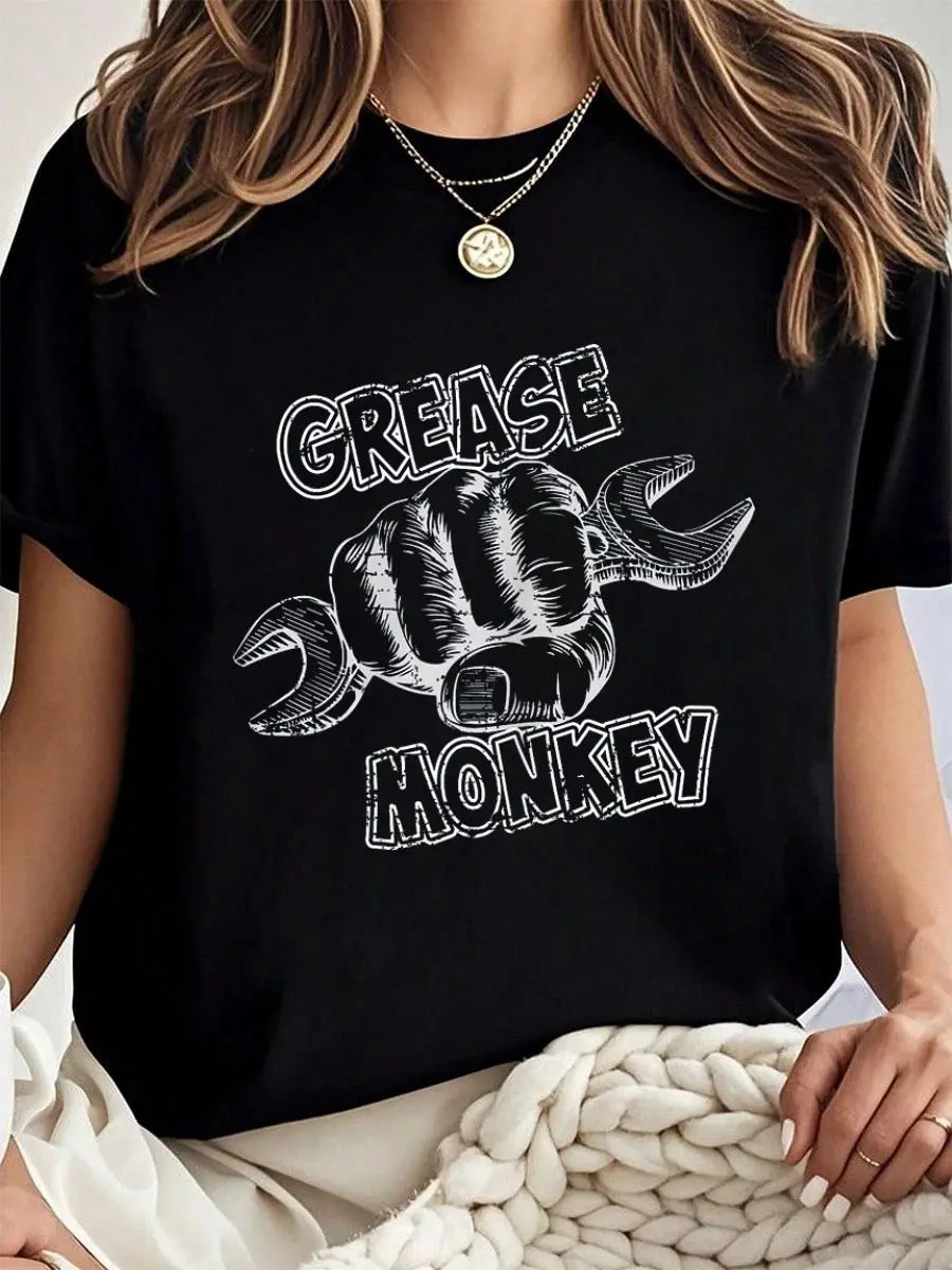 100% cotton Grease Monkey Wrench Auto Mechanics T-Shirt T-Shirt Women Graphic T-Shirt Cotton Print short Sleeve Casual Top, Summer Tee Womens Tops