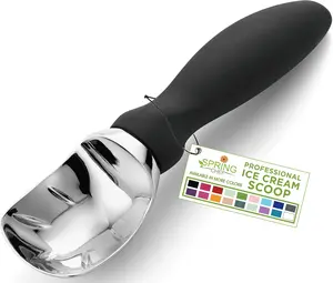 Spring Chef Heavy Duty Ice Cream Scoop with Comfortable Handle - Professional Ice Cream Scooper for Gelato, Sorbet, Cookie Dough, Melon, Frozen Yogurt - Dishwasher Safe Metal Kitchen Tool - Black
