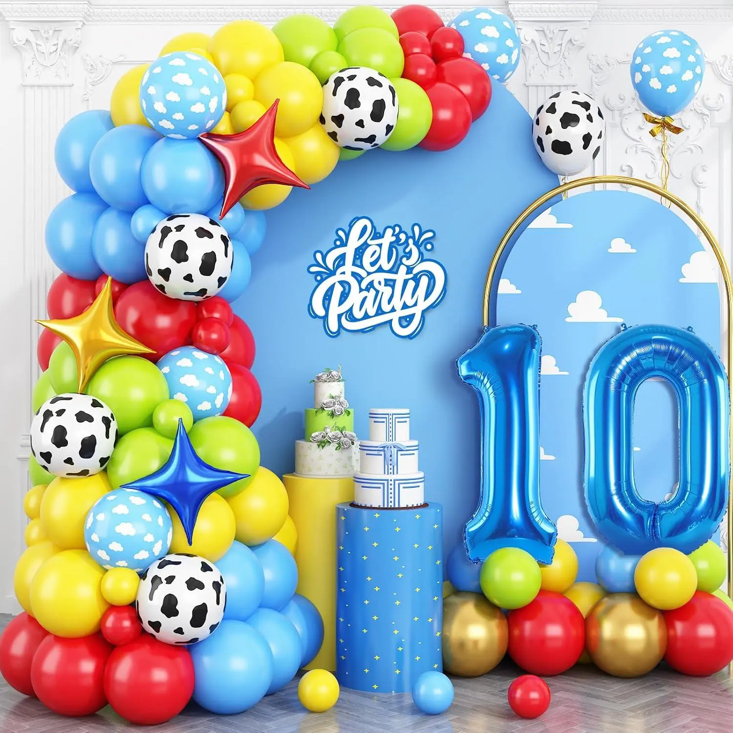 Toy 10Th Birthday Balloons Arch Kit, Red Blue Yellow Balloons With Cow Print Sky Blue Cloud Balloon Number 10 Balloon, For Kids Boys Girls 10Th Themed Birthday Party Baby Shower Decorations