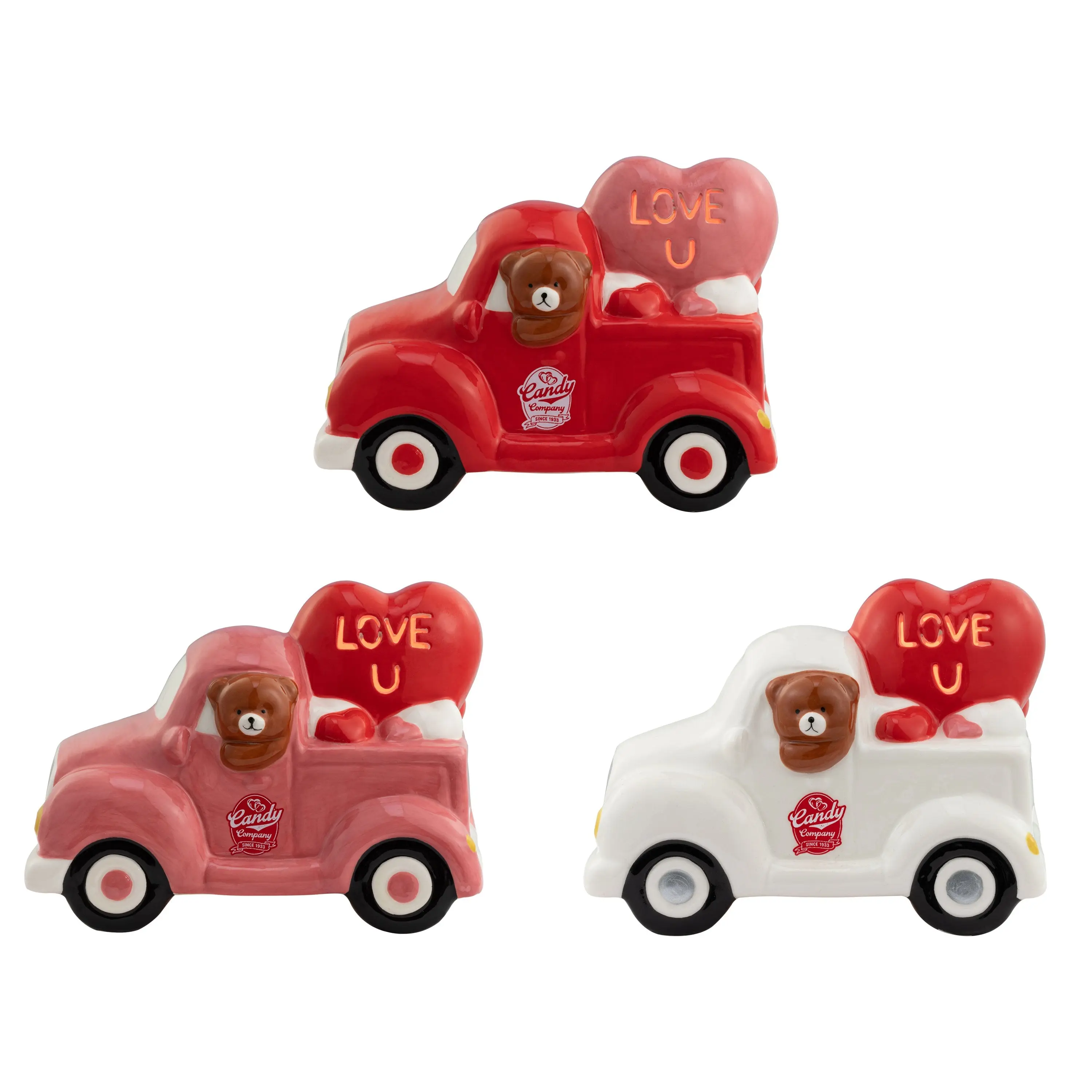 Miss Valentine 3-Piece Glossy Ceramic Miniature Truck Set - Cute Collectibles, Ornaments, Room Decor, House Decor Statue for Home Supplies (Requires 2 AA Batteries)