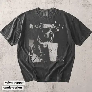 Comfort Colors Funny Pitbull Drinking Iced Coffee T-shirt, Vintage Dog Shirt, Pitbull Tee, Dog Dad Unisex Tee, Pittie Dog Lover Shirt Gift