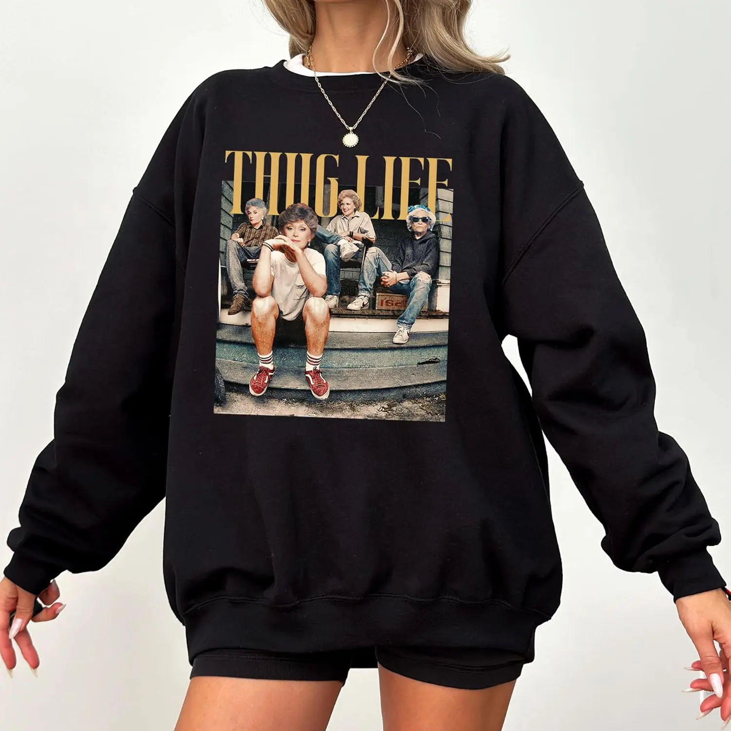 Stay Golden Graphic Sweatshirt – Thug Life – Vintage Style Printed Crewneck for Women, Oversized Fit, Cotton Blend