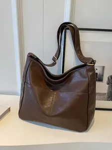 Women's Solid Color Pu Leather Shoulder Bag, Pu Tote Satchel, Fashionable Large Capacity Zipper Shoulder Bag for Work & School, Casual Trendy Versatile High-quality Daily Commuting Bag with Adjustable Strap