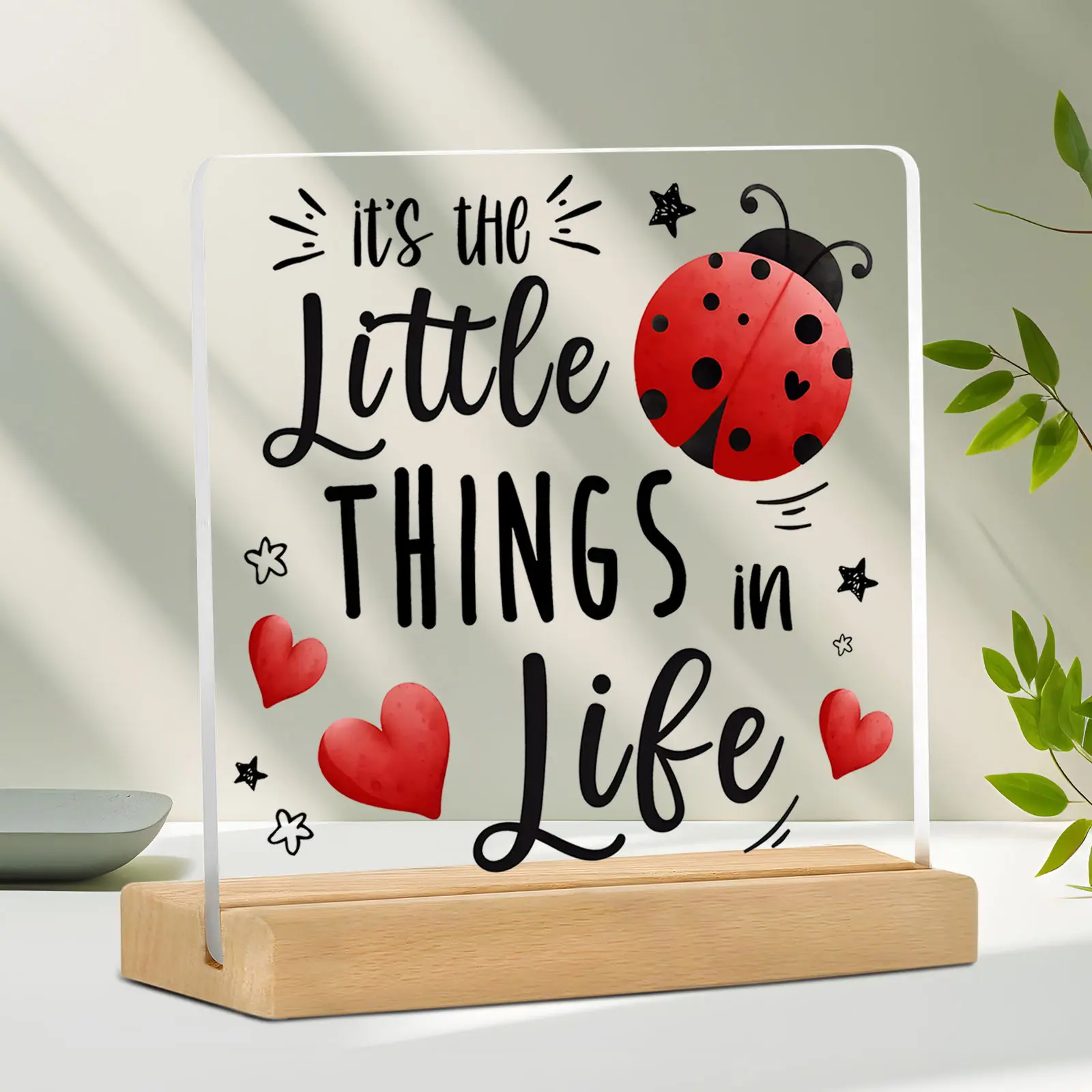 Acrylic Decorative Sign, Inspirational Heart-Shaped Ladybug Design, Desktop Decoration for Home Living Room Garden Shelf, Acrylic Plaque Decor, Acrylic Signage Plaque