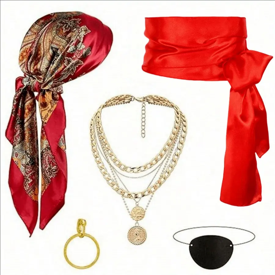 1/2/5pcs Ballroom Party Cosplay Costume Accessories Set, Includes Women's Headscarf Belt Necklace Eye Mask Earrings Props