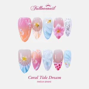 Fullovenail Almond Shape Mermaid Collection 3D Flower Starfish Acrylic Hand Painting Press on Nail
