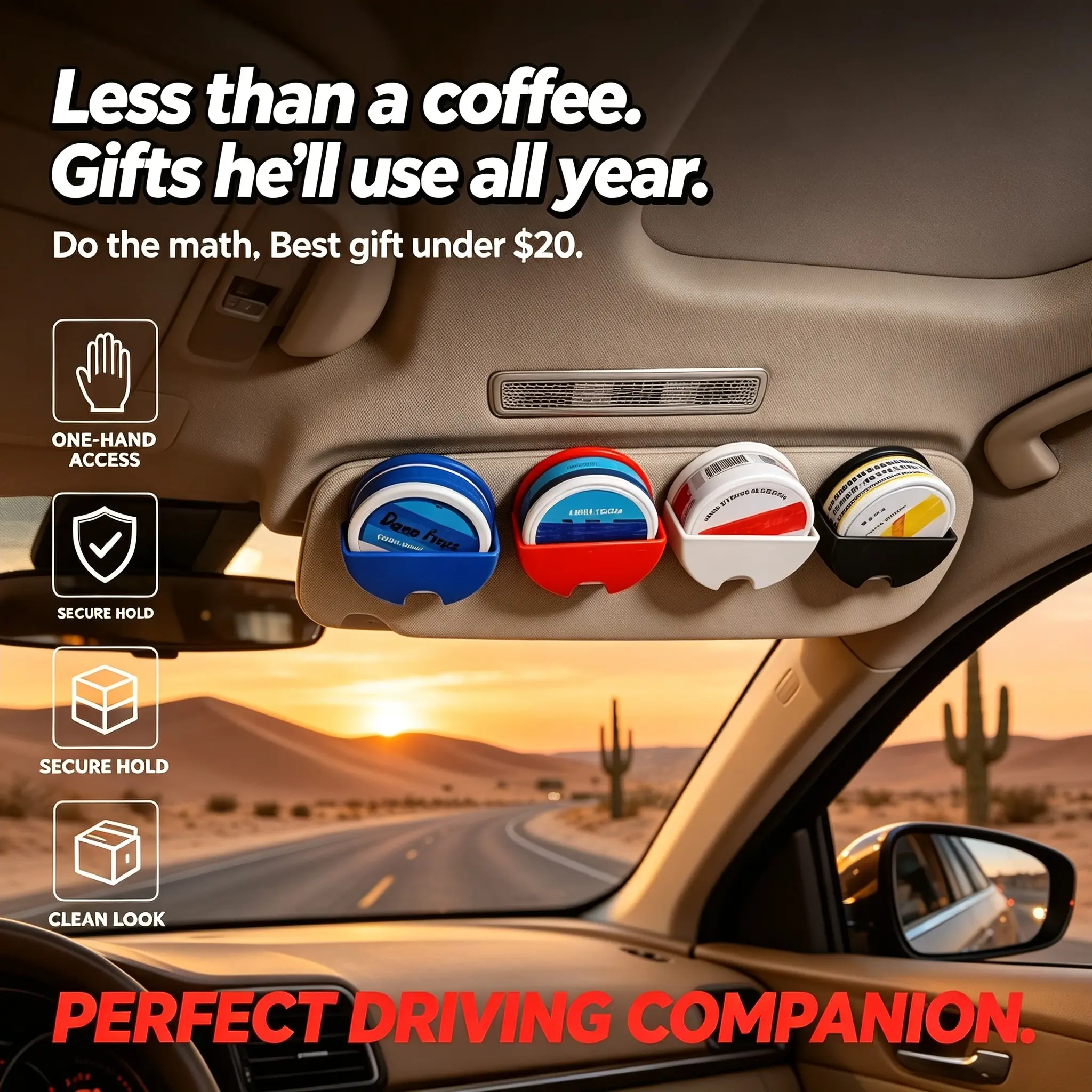 Universal Clip-On Car Visor Dip Can Holder - Black Organizer for Zyn Standard Cans, Round Cans & Nicotine Pouches, Compact Durable Automotive Stowing Accessory, Father's Day Car Gift (Black Blue Red White, 1/2 Pack Options), Plastic, Multi-Colors, 7.7*7.7