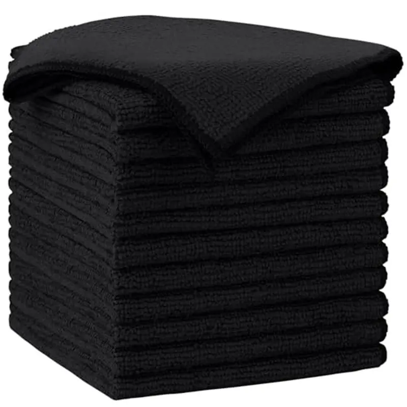 12PK, Soft Microfiber Towels for Cars, Absorbent Cleaning Rags, Lint-Free Streak-Free Wash Cloths for House, Kitchen, Window(12in.x12in), Black