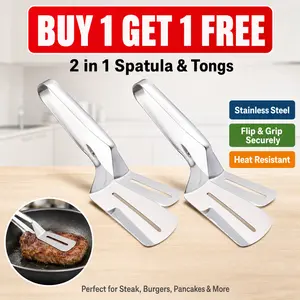 Buy 1 Get 1 Free! 2-in-1 Stainless Steel Spatula & Tongs - Silver Egg Flipper Pancake Steak Turner Omelet Spatula Fish French Toast Turner for Home Kitchen Cooking Tools Utensils