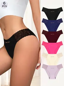 Woman Seamless Silky Lace Cheeky Bikini Panty - Fashionable Underwear with Letter Print, Breathable Chic Elegance Design, 6-Pack Multicolor Lingerie