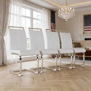 Modern White PU Leather Dining Chairs Set of 4 - Ergonomic High Back Upholstered Side Chairs with C-Shaped Metal Legs for Kitchen Office Living Room