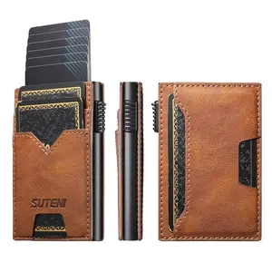 SUTENI With Card Holder Card Slot Faux Leather Wallet Card Box Pressing The Button Automatically Ejects  Oil wax pattern The Card Wallet For Unisex Relatives Friends and Elders Holiday Gift