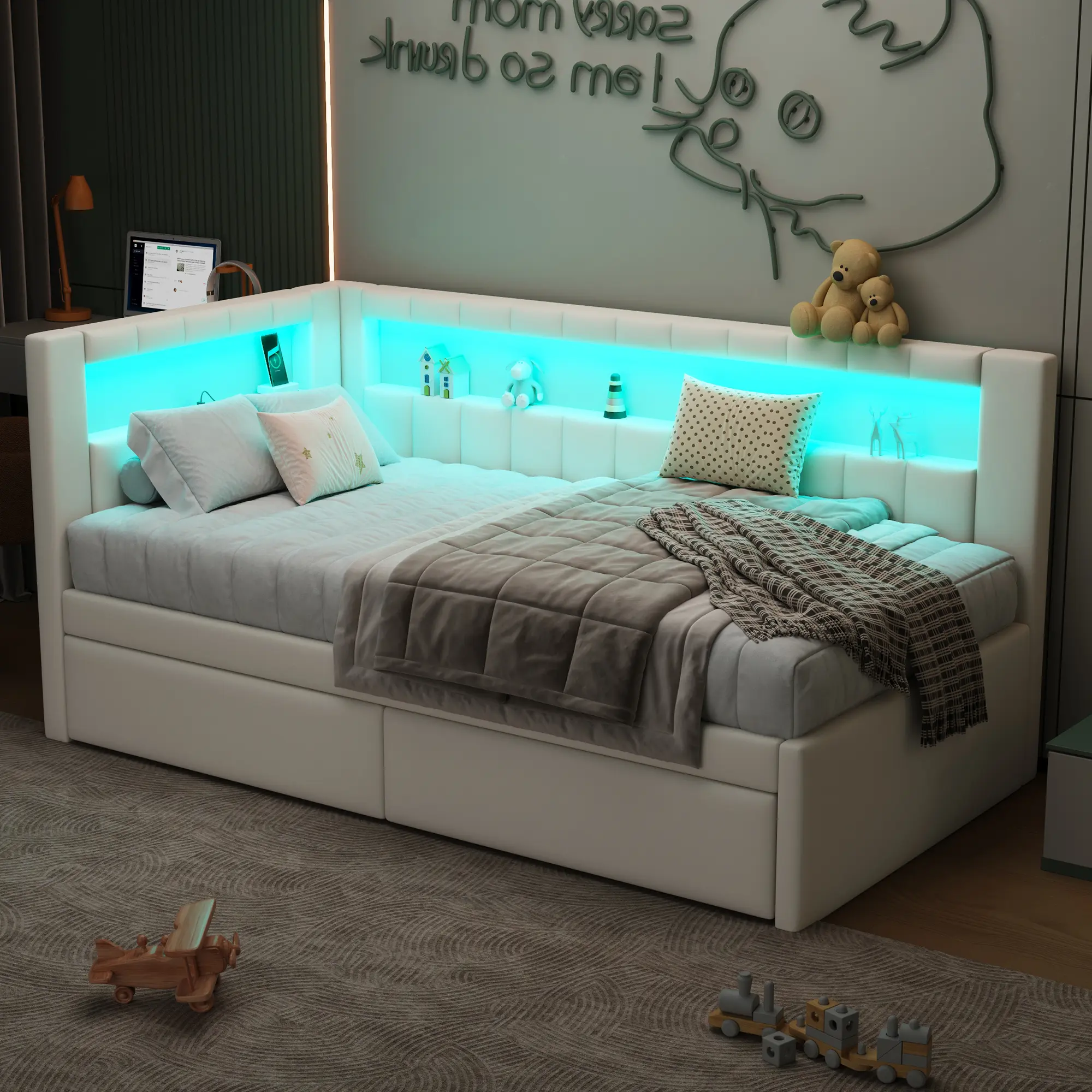 Twin Size Daybed with Storage Drawers and L-Shaped Bookshelf Headboard, Linen Upholstered Soft Corner Bed with Shelves, Charging Station and LED Belt, White