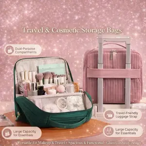 Travel Makeup Organizer Bag Large Capacity Portable Cosmetic Case with Handle Dual-Purpose Compartments Travel-Friendly Luggage Strap