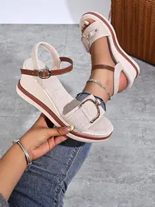 Women's Linen Weave Wedge Sandals, Adjustable Ankle Strap Buckle, Lightweight Thick Sole, Casual Summer Walking Shoes, Bohemian Style, Vacation Ready