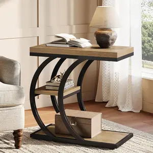 Tribesigns 3-Tier Narrow Wood End Table - C-Shaped Side Table with Storage for Living Room and Bedroom - Industrial Nightstand for Small Spaces