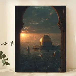 2D canvas painting, 1-piece Islamic wall art, depicting the Temple Hill and Al-Aqsa Mosque in Jerusalem, dimensions are 30.48X 40.64cm. This large canvas painting is designed for easy hanging and is suitable for use as religious decor in homes and offices