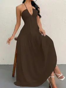Women's Beach Vacation V-Neck Tie Back Dress, Elegant Chic Butterfly Knot Design, Sleeveless Summer Party, Perfect for Tropical Getaways