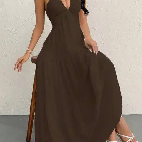 Women's Beach Vacation V-Neck Tie Back Adjustable, Elegant Chic Butterfly Knot Design, Sleeveless Summer Party, Perfect for Tropical Getaways, Club Party Dress