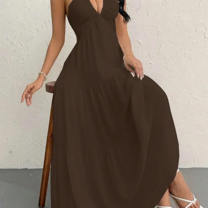 Women's Beach Vacation V-Neck Tie Back Adjustable, Elegant Chic Butterfly Knot Design, Sleeveless Summer Party, Perfect for Tropical Getaways, Club Party Dress