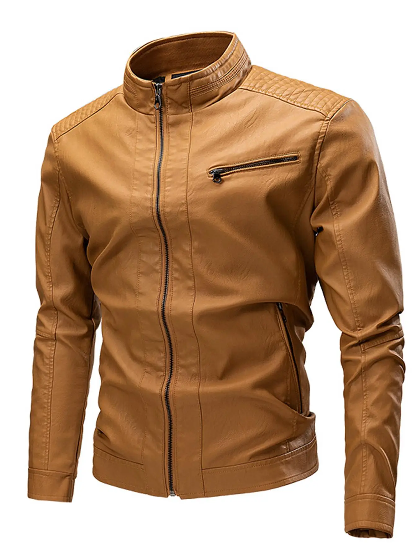 Men's Solid Zip Up Pocket Pu Jacket, Sporty Long Sleeve Stand Collar Coat for Spring & Fall, Fashion Men's Sportswear for Daily Wear, National Day Off