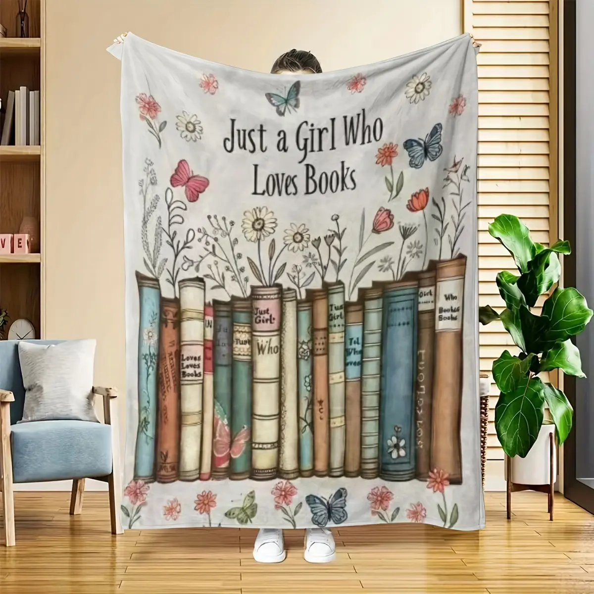 "Just a Girl Who Loves Books" Floral & Butterfly Modern Print Double Sided Flannel Throw Blanket - Soft, Lightweight Shawl for Readers, Multi-Size, Ideal for Couch Nap, Home Décor, Perfect Birthday Gift for Girls - All-Season Cozy Bedding Accessory