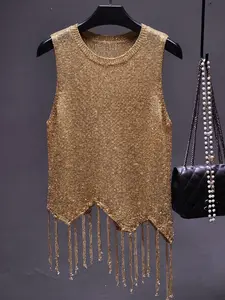 26 Graduation Season Elegant Women's Sleeveless Round Neck Knit Top, Summer Apparel, Music Festival Gold Silk-Blend Fringe Hem Sleeveless Tank Vest, Graduation Top, Perfect for Daily Commuting, Dates, Vacations, Annual Meetings, and Parties