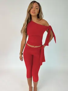 Women's Solid Asymmetrical Neck Knot Top & High Waist Capri Pants Set, Elegant Ruched Top & Skinny Trousers for Daily Outdoor Wear