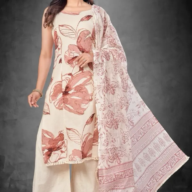 Cotton Printed 3 Piece Kurta Set with Spaghetti Straps for Women - Floral Design & Matching Dupatta Womenswear Suits Pants Elegant Breathable Style Fabric