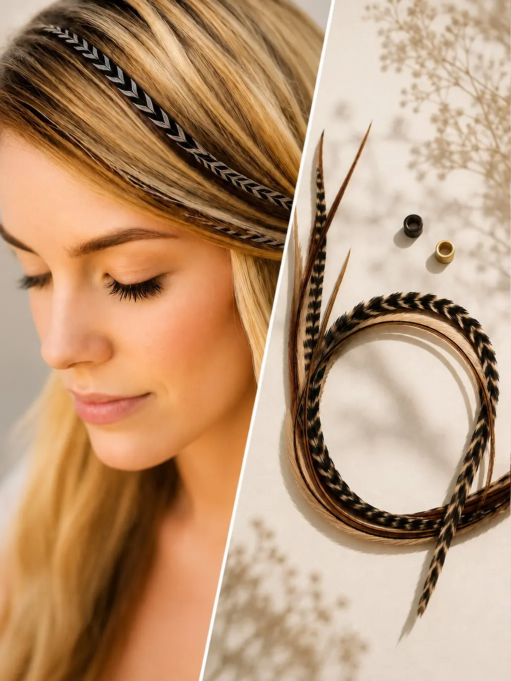 Real Feather Hair Extension 5 Feather Bundle Brown Blonde Beige Mix 8–13 Inch Reusable Boho Hair Feather