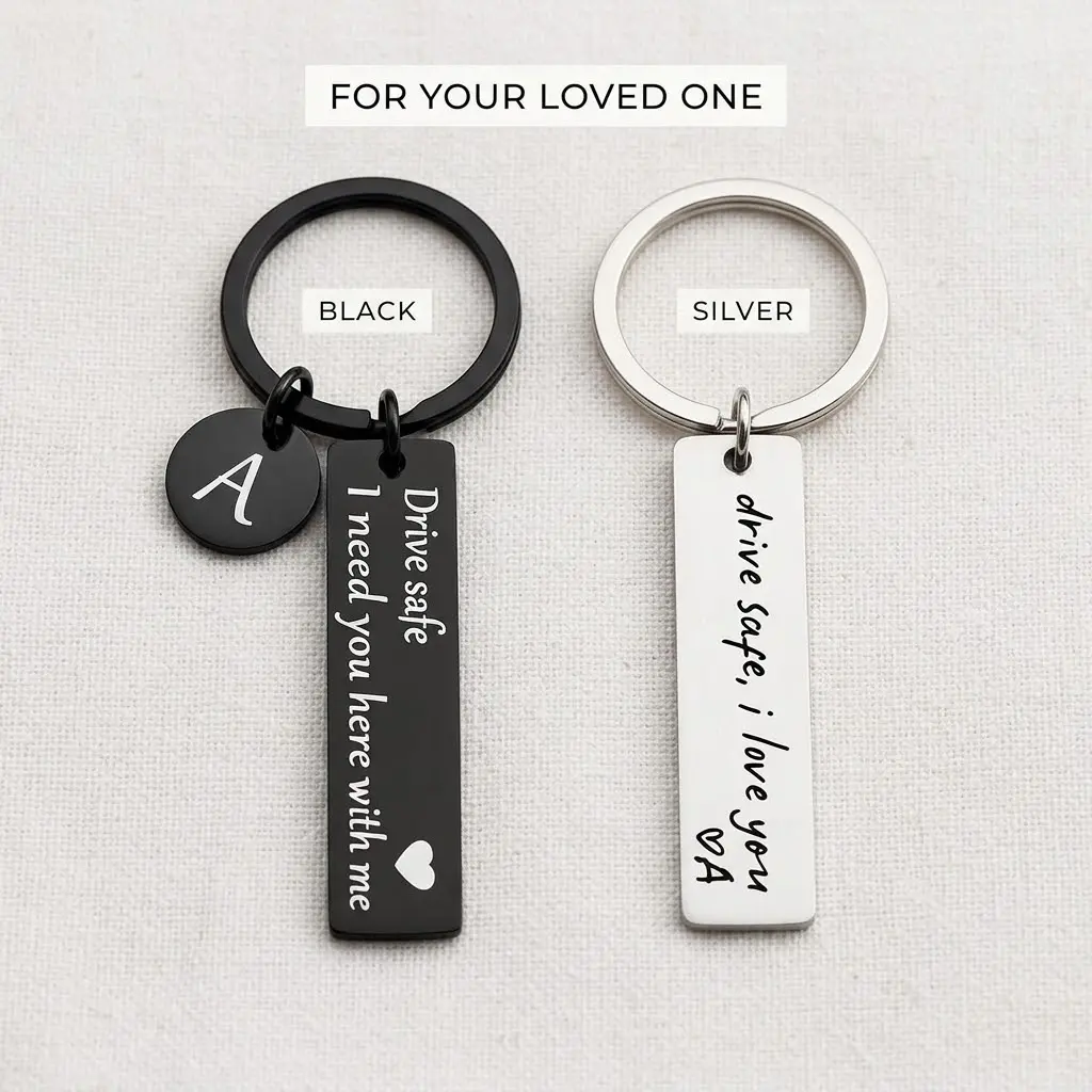 2PCS Custom Engraved Initial Keychain - "Drive Safe I Need You Here With Me" Personalized Fashion Accessory for Boyfriend, Black & Silver New Driver Gift