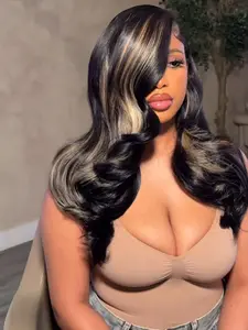 13x4 Highlighted Gradient Golden Brown 1B/27 Large Wave Lace Front Wig, Human Hair Wigs, Glueless Human Hair, 180% Density, Pre-trimmed with Baby Hair