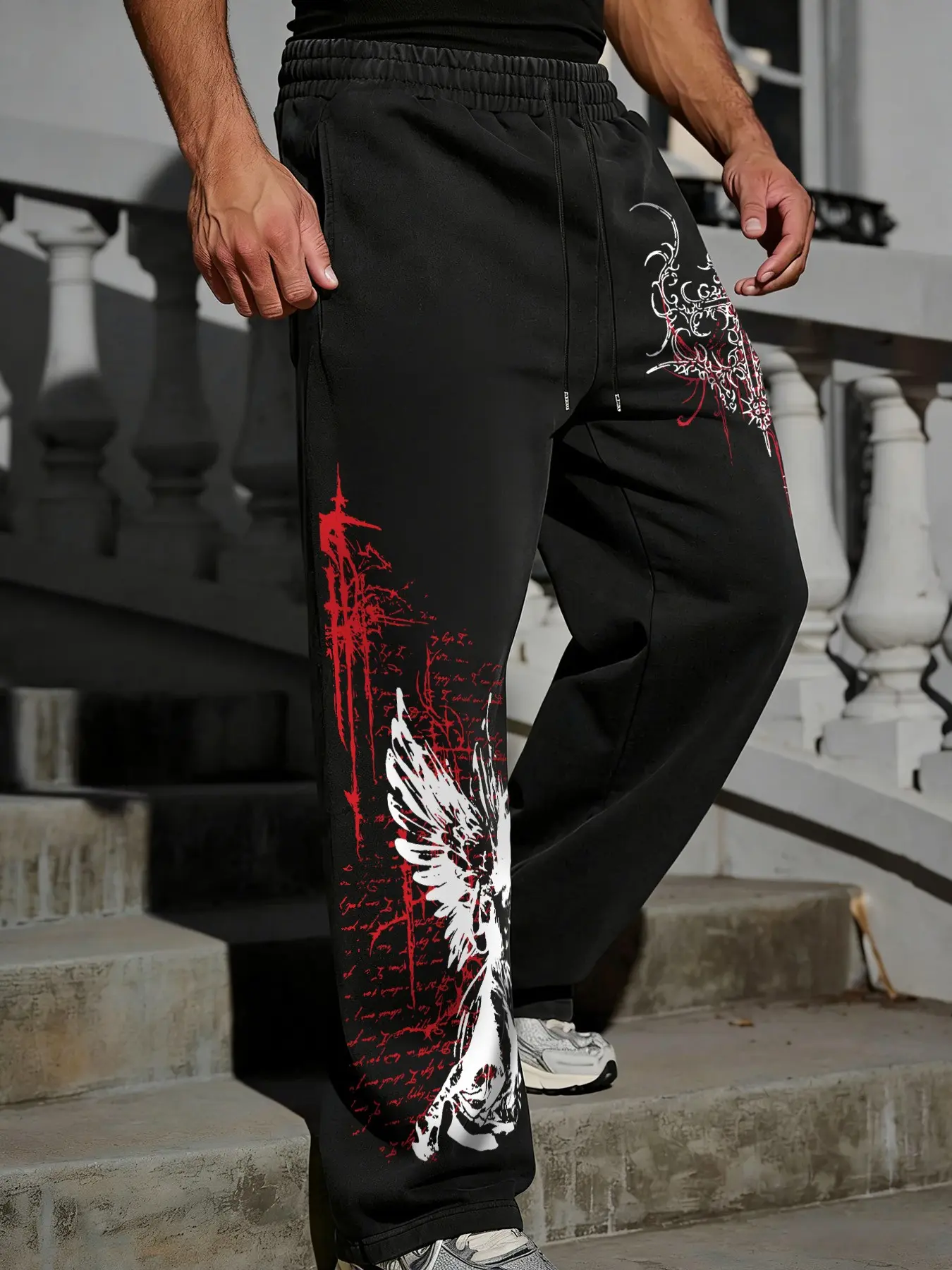 Men's Angel & Gothic Print Loose Fit Sweatpants, Splatter Ink Wings Wide Leg Pants, Heavyweight Fleece Cotton Casual Streetwear