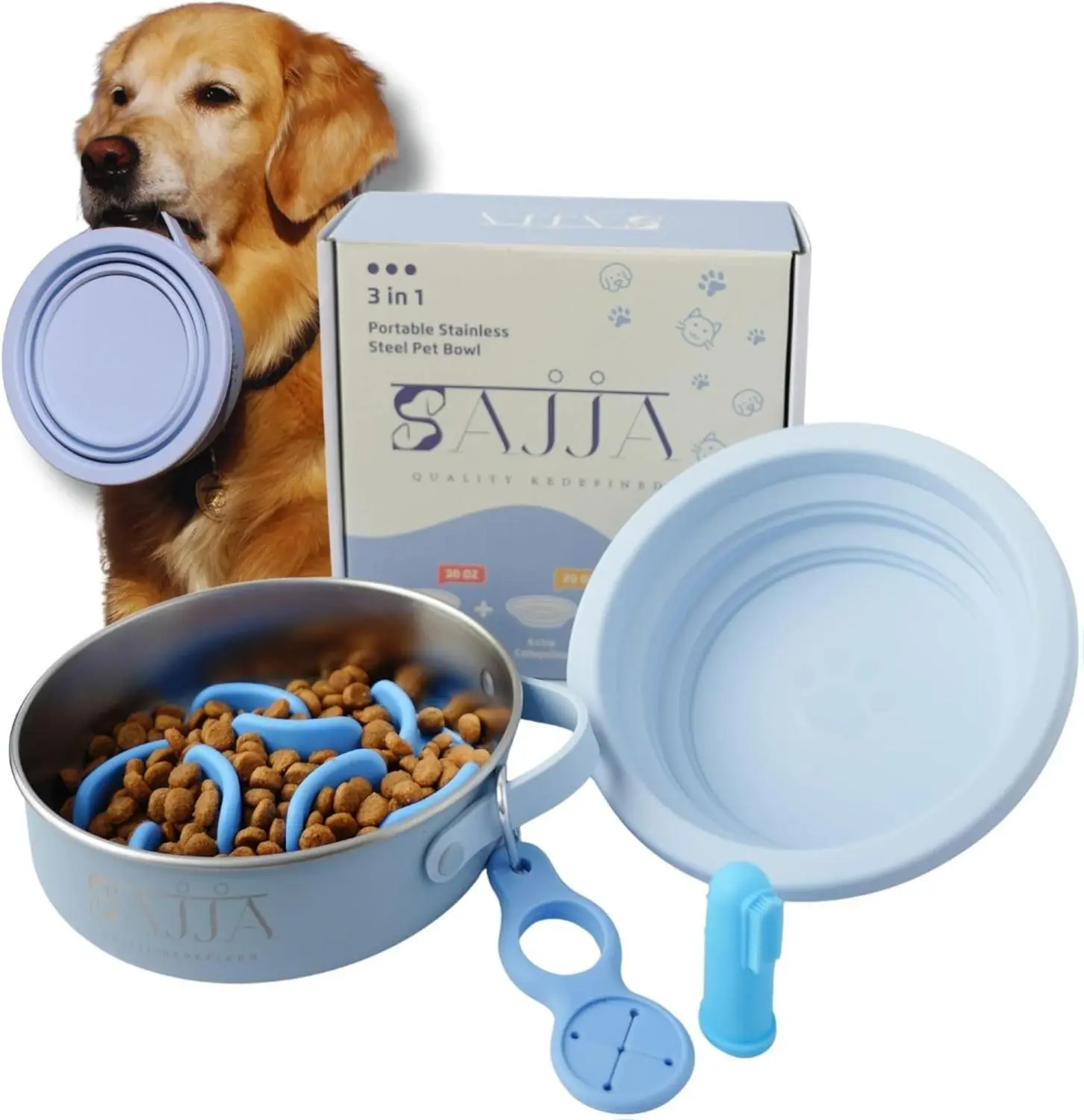 Sajja Blue Slow Feeder Travel Dog Bowl Set 30oz Stainless Steel 20oz Collapsible Silicone Dish Water Bottle Holder Non-Slip Anti-Choking BPA-Free We Give Back