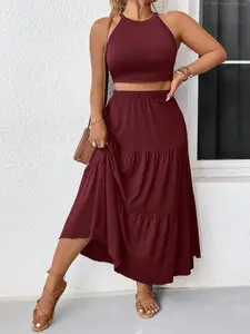 Women's Plus Size Two Piece Sets Burgundy Matching Set Sleeveless Crop Top Tiered Maxi Skirt Flowy Boho Casual Summer Spring Vacation Outfits Minimalist Elegant Chic Resort Wear