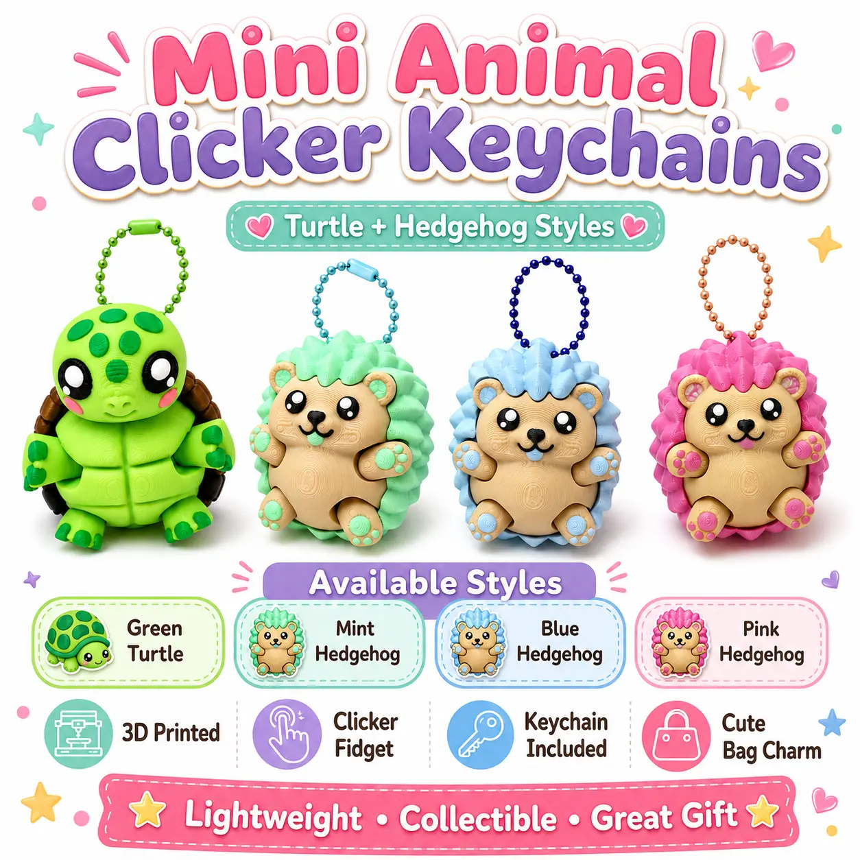HixTown CUTE Animal Clicker keychains articulating fidget charms 3d printed multicolored