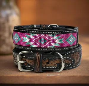 Leather Beaded Dog Collar Full Grain Leather 1.5" Wide Handcrafted Western Floral Design Heavy Duty Solid Metal Buckle D Ring Comfortable Sturdy Natural Brown Tone